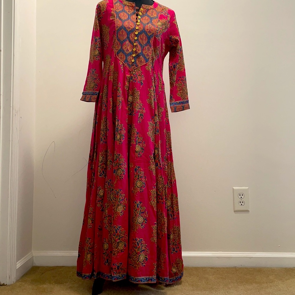 Indian block printed cotton floral long dress .Boho vibrant floral